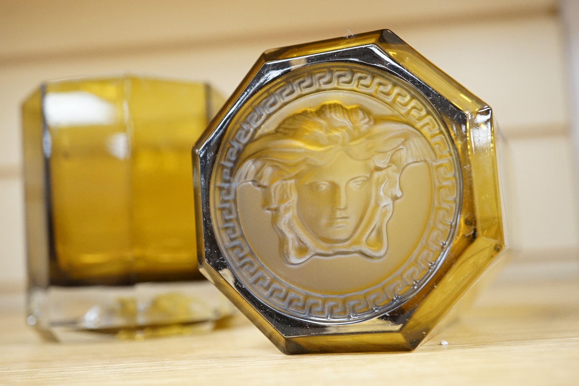 Five Versace Medusa Lumiere green champagne flutes and two similar tumblers, flutes 30cm high